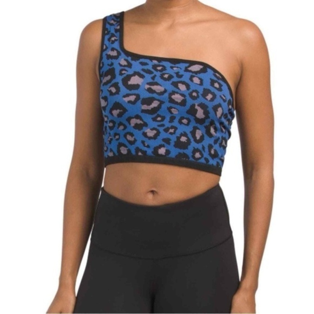 Free People Movement Free Throw One Shoulder Crop Top Spotted Leopard Blue XS/S